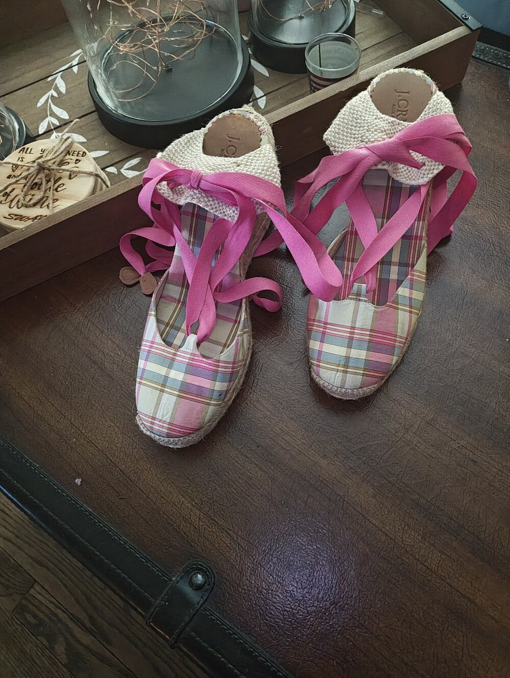 J. Crew Pink Plaid Espadrille Lace-Up Flats with Hot Pink Ribbons